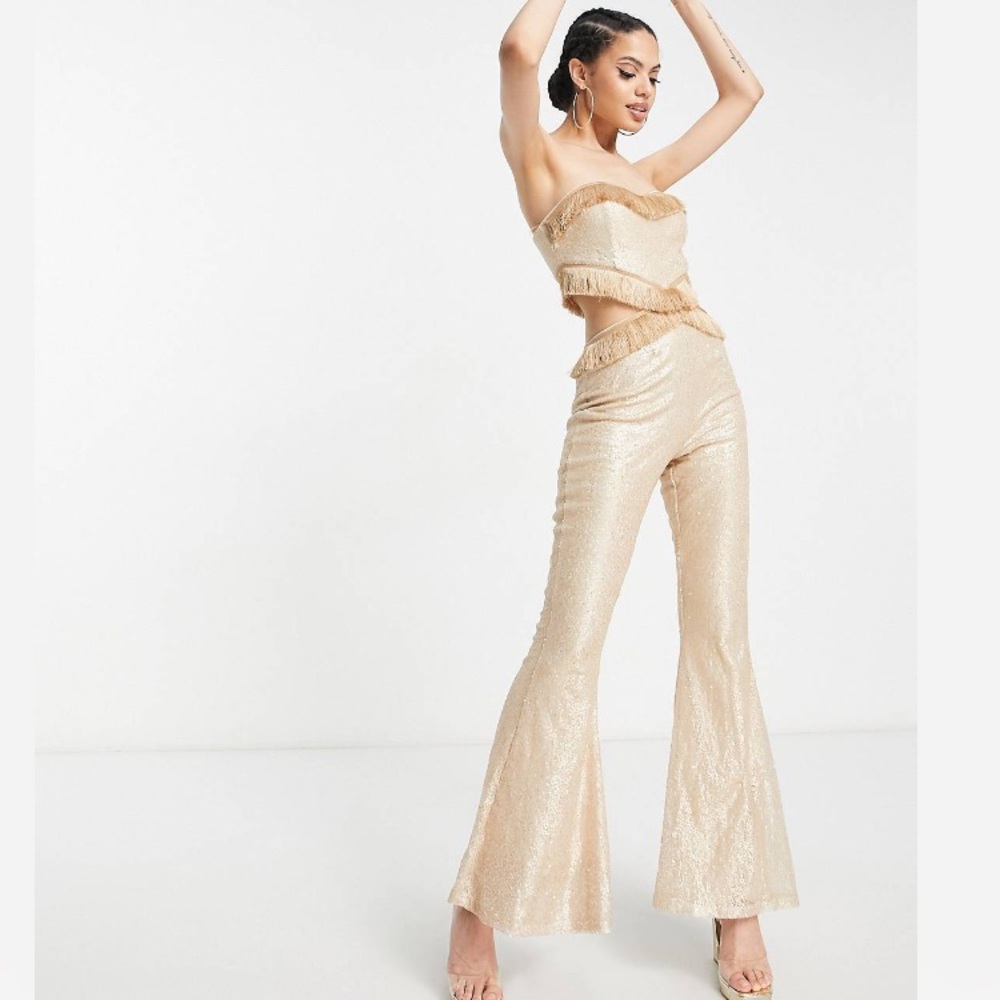 BNWOT Collective the Label cut out fringe sequin jumpsuit in champagne 6